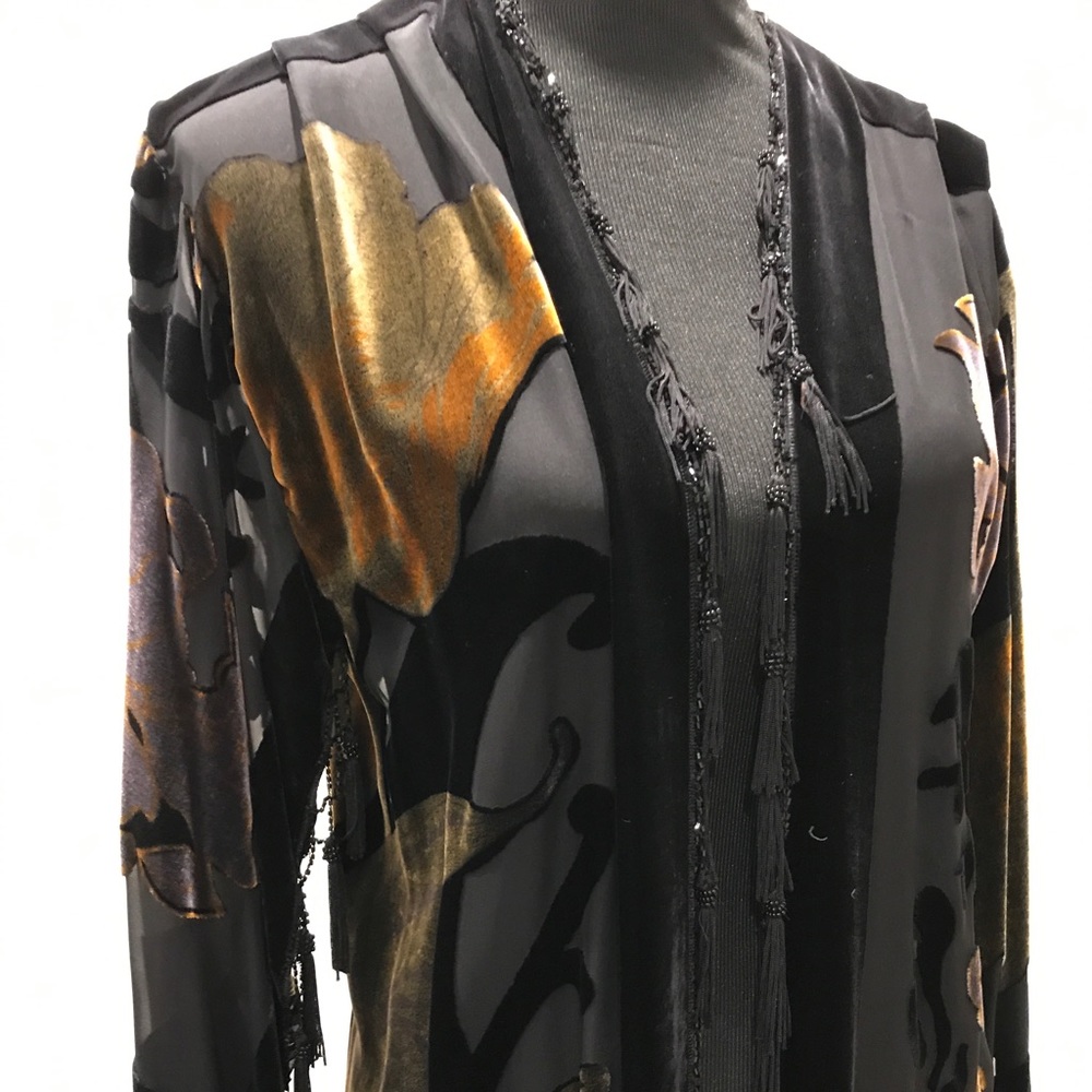 Burn-out velvet vintage duster coat with beads & fringe